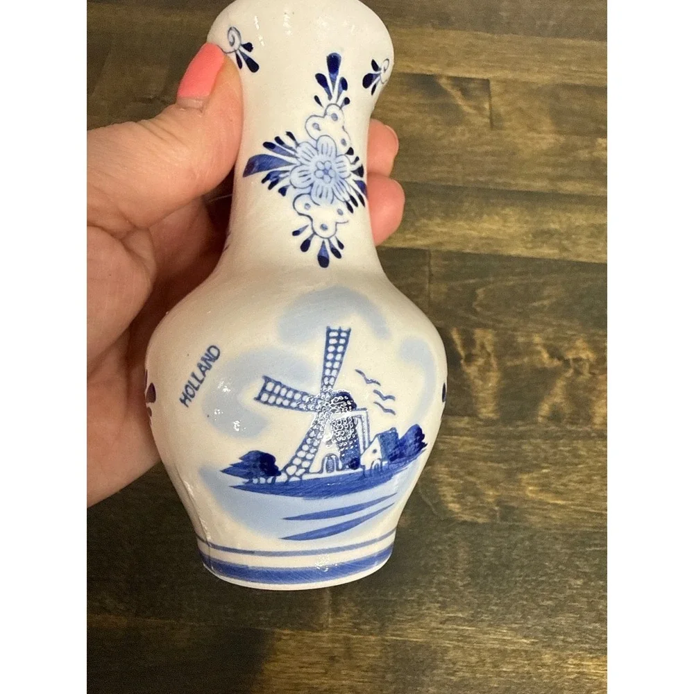 Delfts Blauw‎ Handpainted Holland Bud Vase Blue White Windmill Floral 5